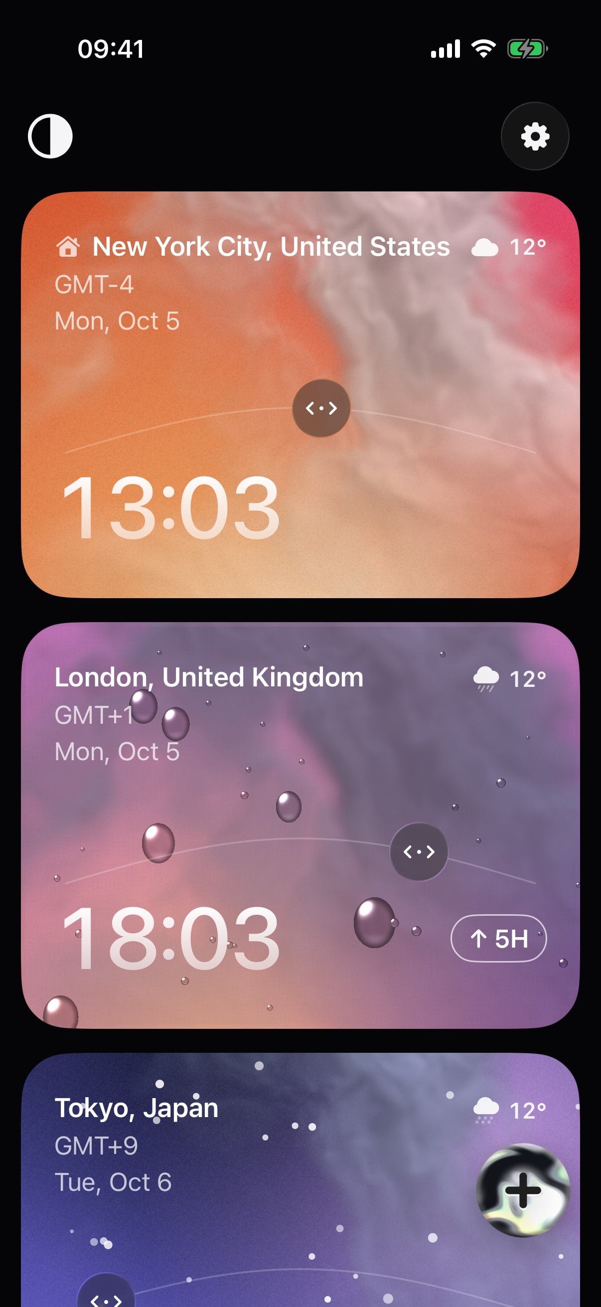 Timeslide on iPhone with weather on the cards: clouds over New York and raindrops running down the London card