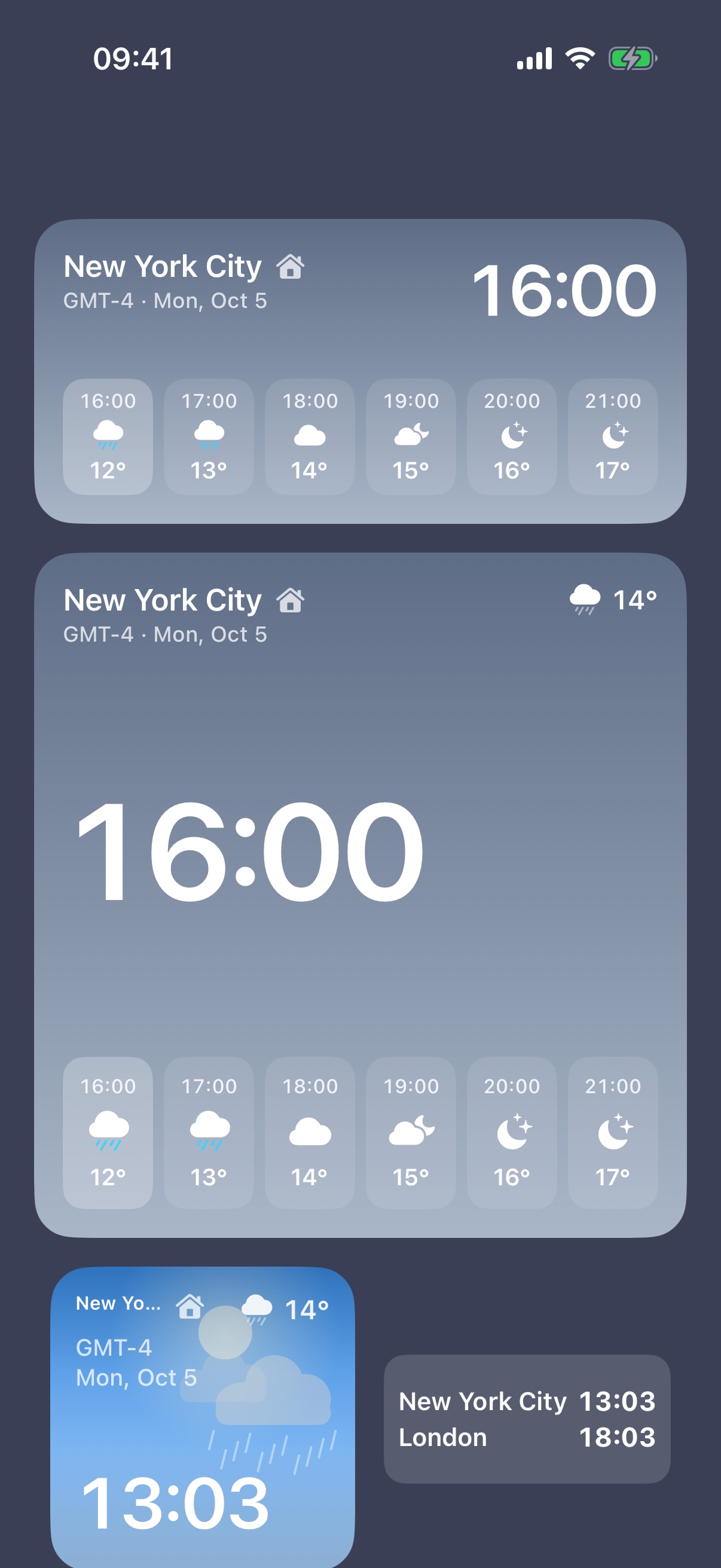 Timeslide widgets on the iPhone Home Screen: a forecast widget for New York, a large clock and a New York–London pair