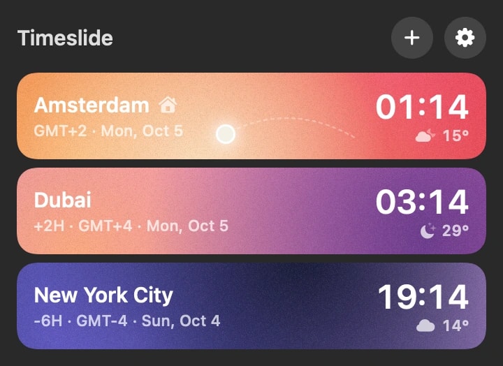Timeslide Mac menu bar window with Amsterdam, Dubai and New York City cards and the sun on an arc across the first card
