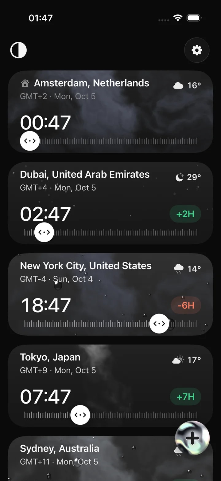 Timeslide in the Dark theme — charcoal cards with a ruler slider and green and red hour offsets