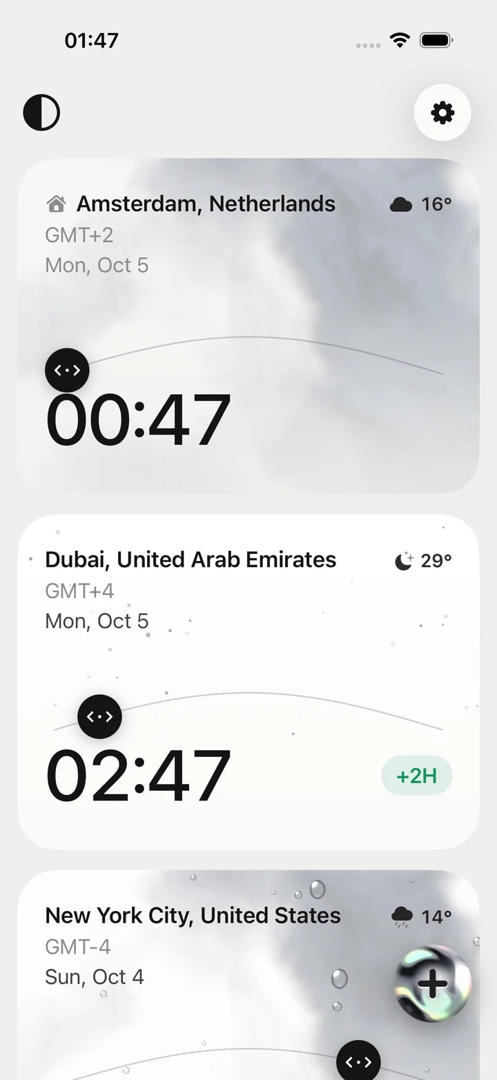 Timeslide in the Light theme — white cards for Amsterdam, Dubai and New York with soft clouds and raindrops