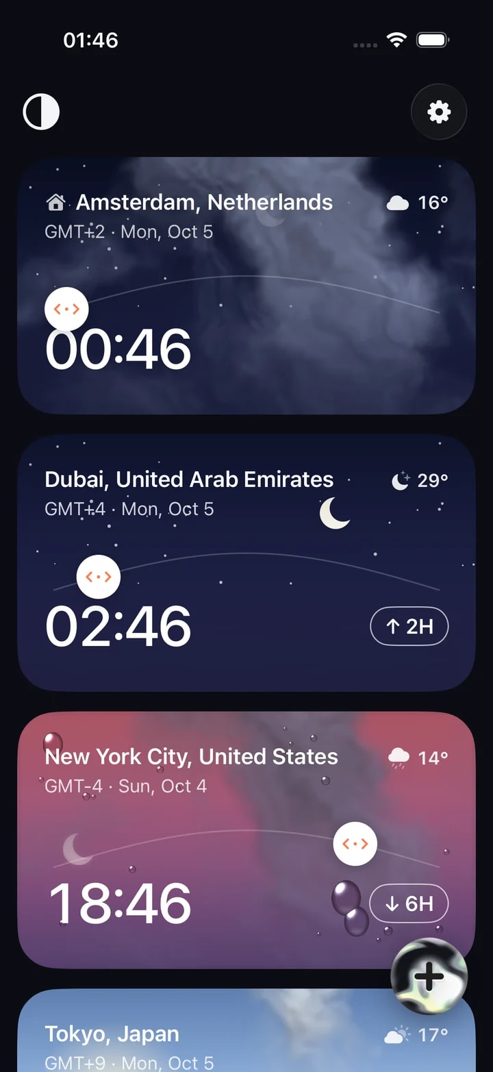Timeslide in the Sky theme — each card shows the sky over its city at that hour, from night blue to dawn pink