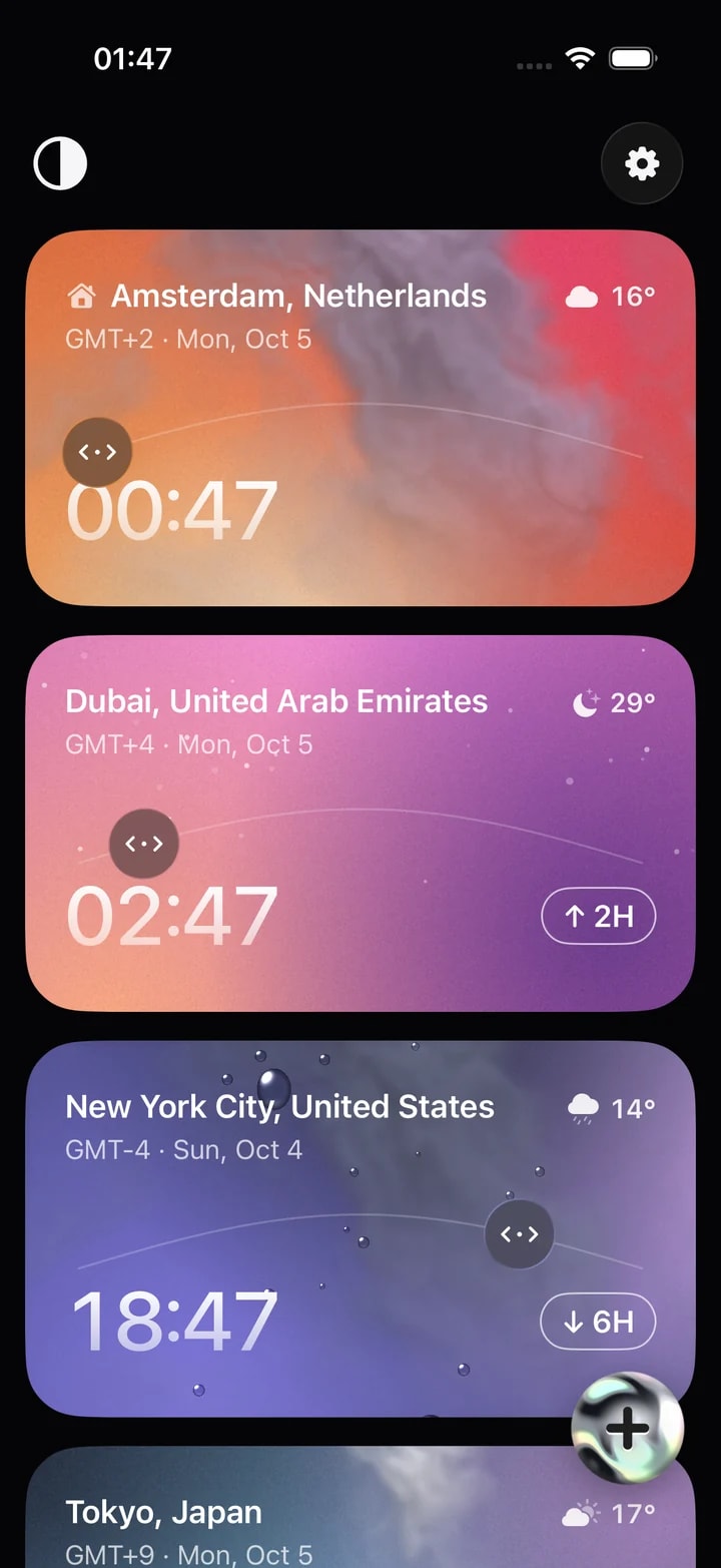 Timeslide in the Vivid Black theme — the same gradient cards on a black screen