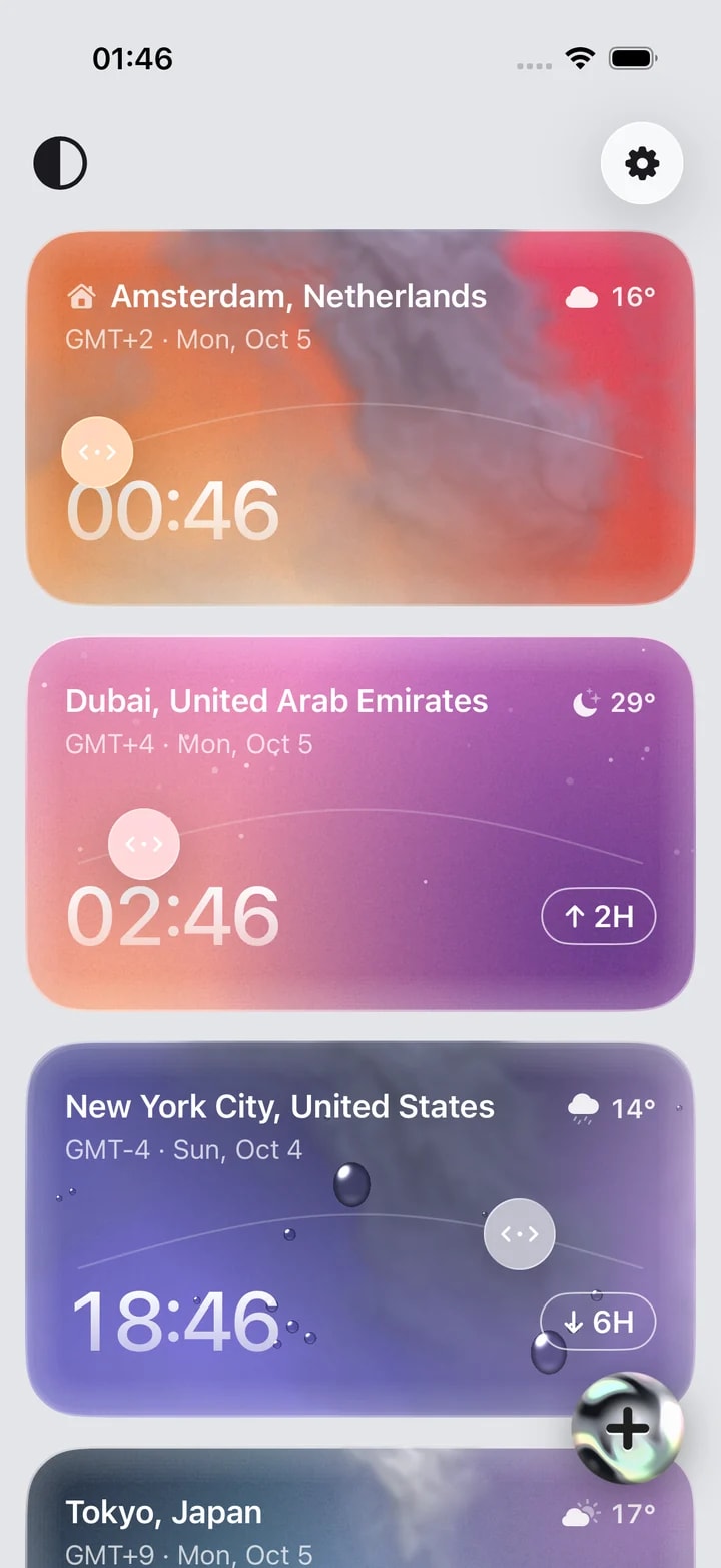 Timeslide in the Vivid Light theme — orange, pink and violet gradient cards on a light screen