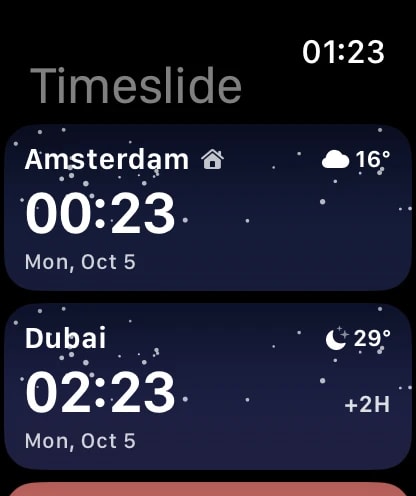 Timeslide on Apple Watch: Amsterdam and Dubai cards with the time, weather and the +2H offset