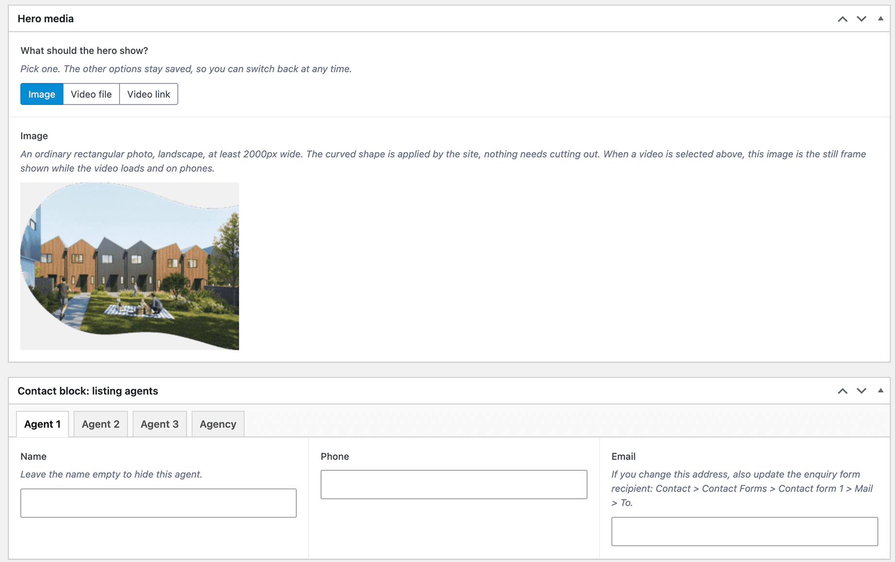 Trivelle Gardens admin — hero media switch between image, video file and video link, plus the listing agent fields