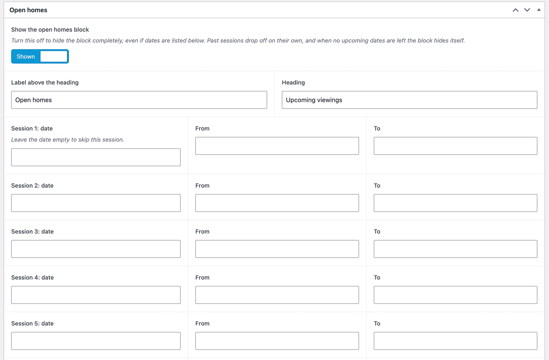 Trivelle Gardens admin — open homes block with a show/hide switch and six date and time slots