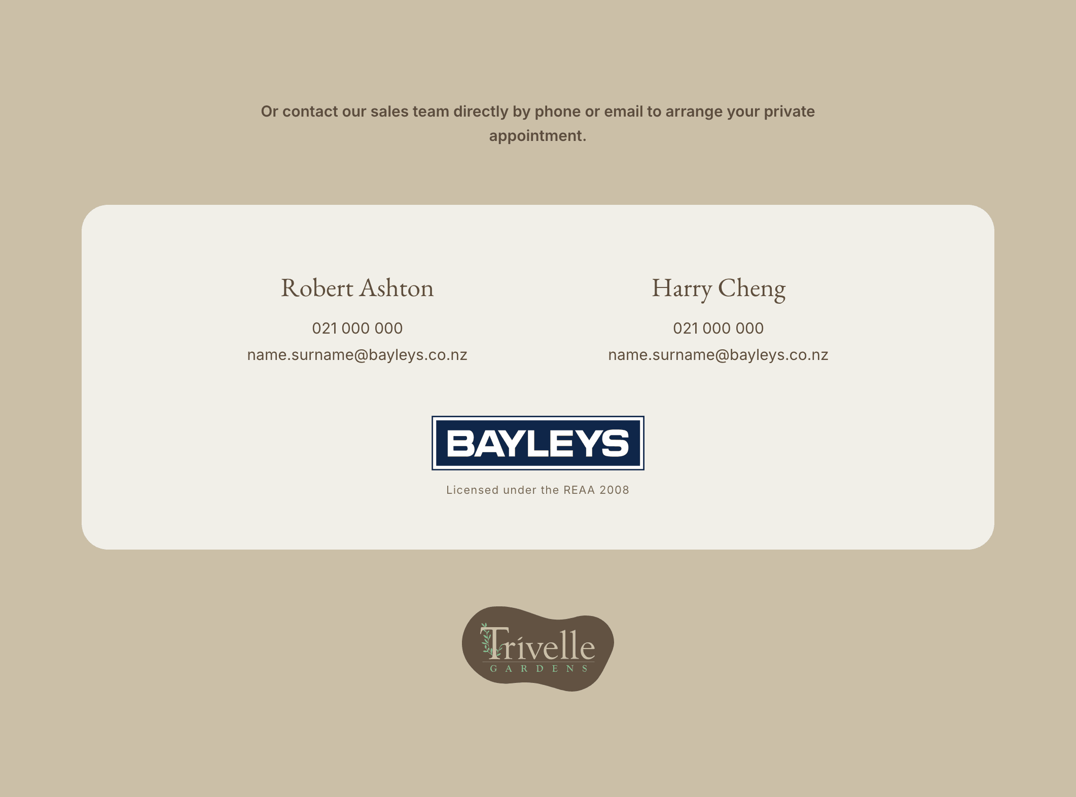 Trivelle Gardens listing agents block — the approved contact card design that sits under the enquiry form, with placeholder contact details