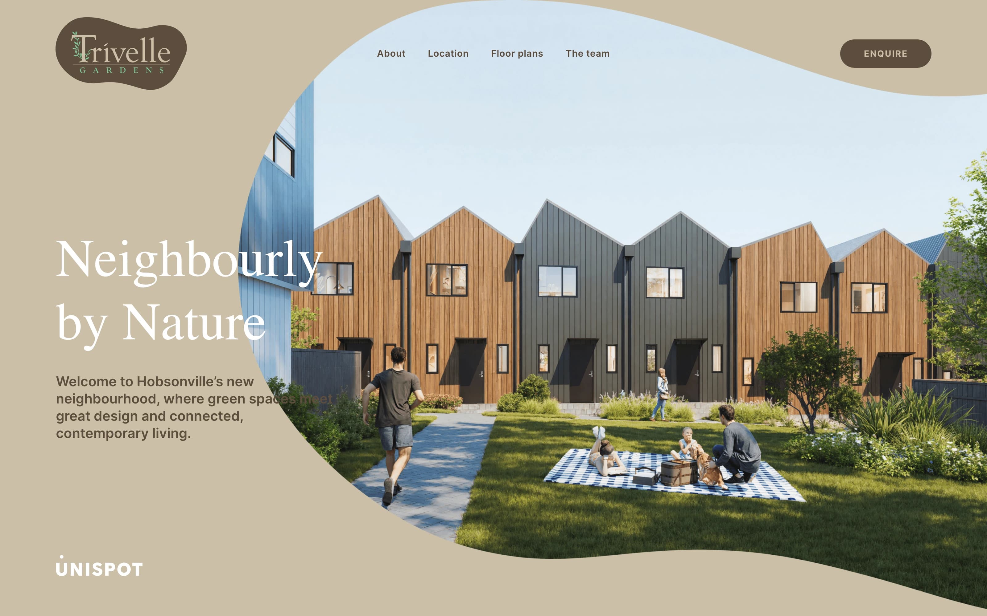 Trivelle Gardens homepage — the hero with its curved mask, the development render behind it and the enquiry button
