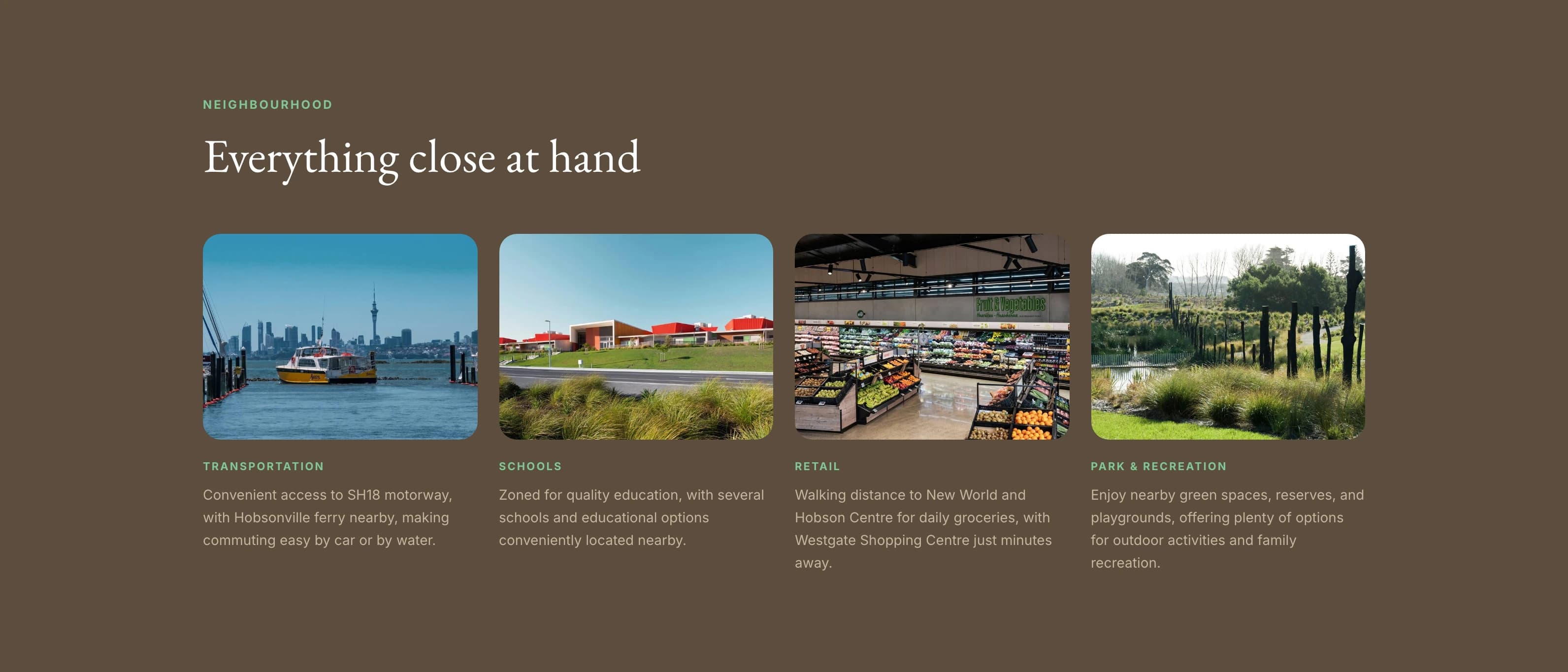 Trivelle Gardens neighbourhood block — transport, schools, retail and parks around Hobsonville, Auckland