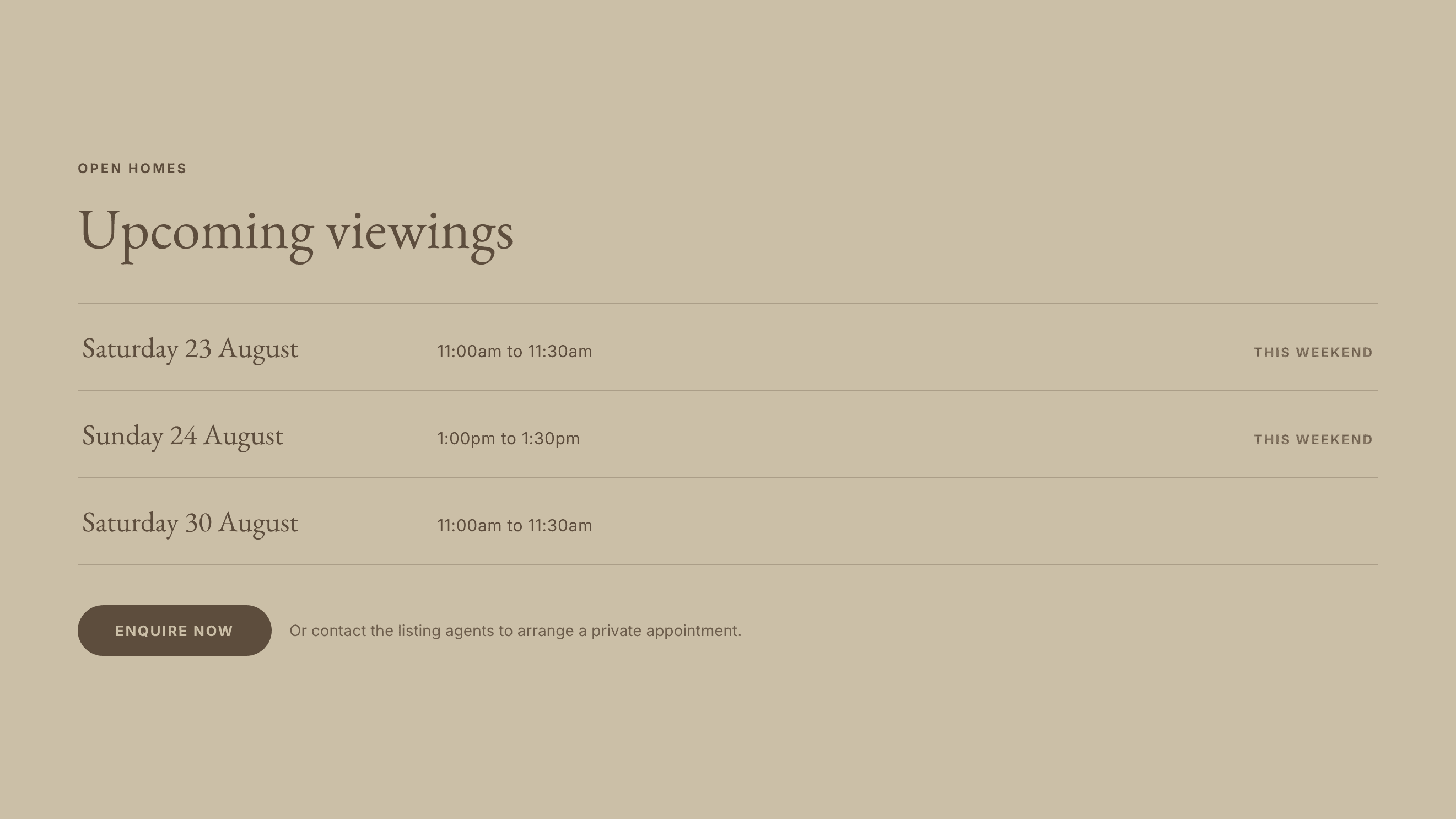 Trivelle Gardens open homes block — the approved list of upcoming viewings as visitors see it