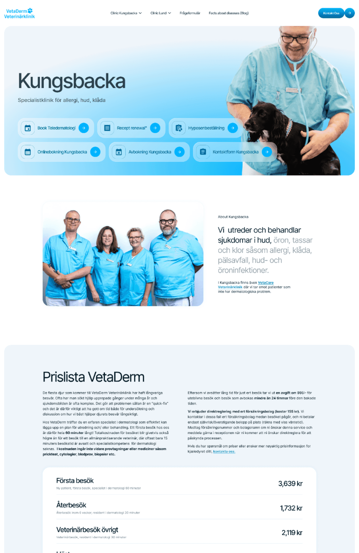 VetaDerm Kungsbacka clinic page with CMS-driven pricing