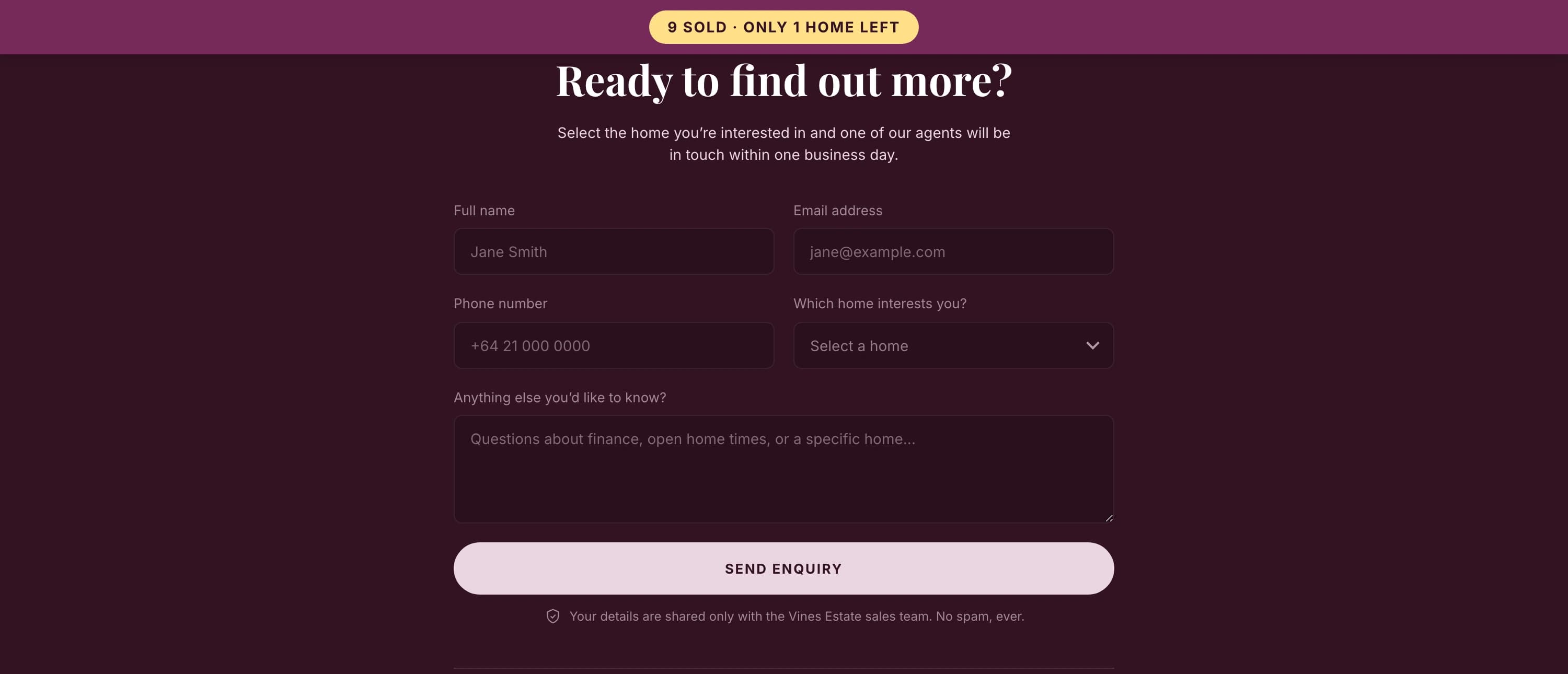 Vines Estate enquiry form — name, email, phone and a which-home selector that the page pre-fills