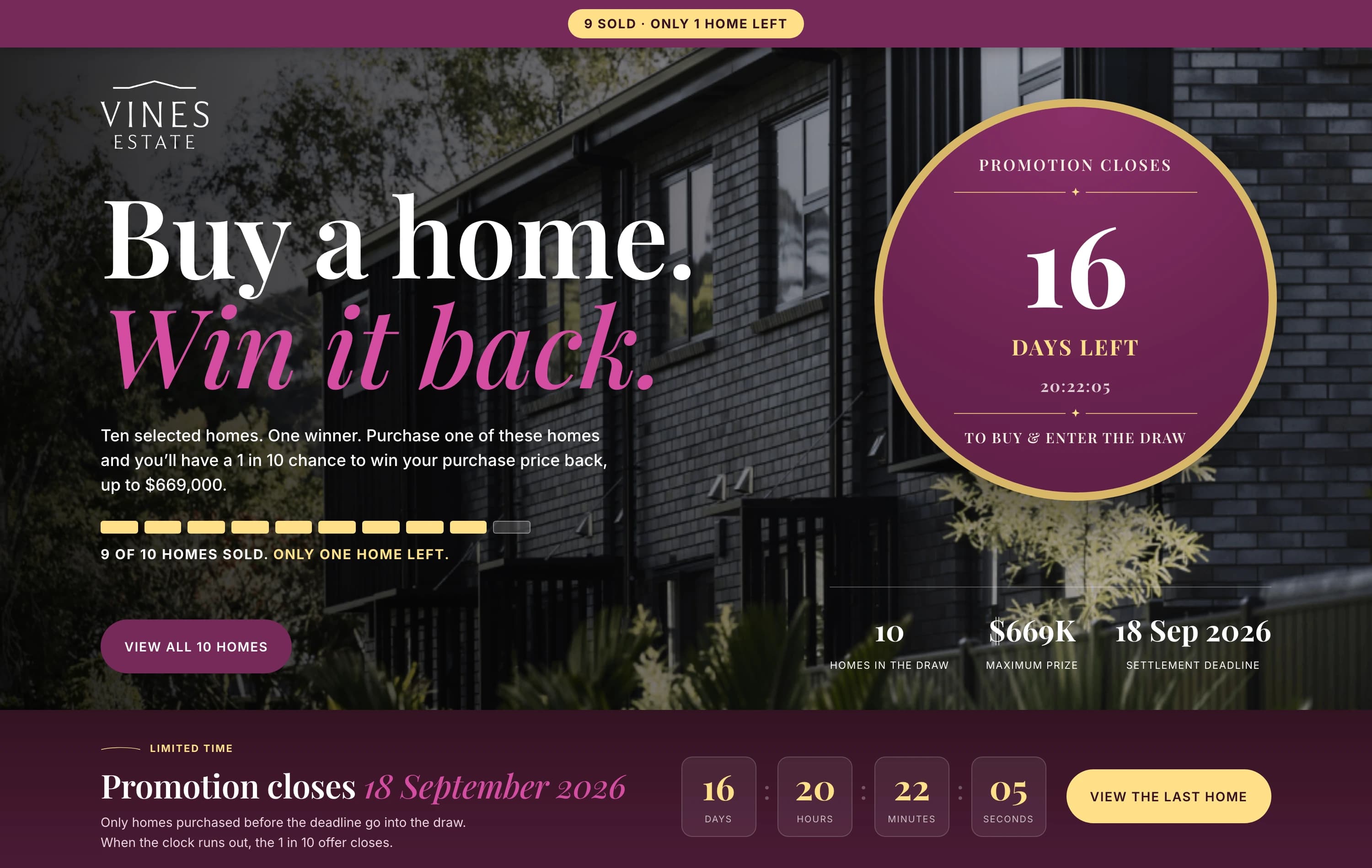 Vines Estate campaign landing page — Buy a home, Win it back, with the promotion countdown and availability bar