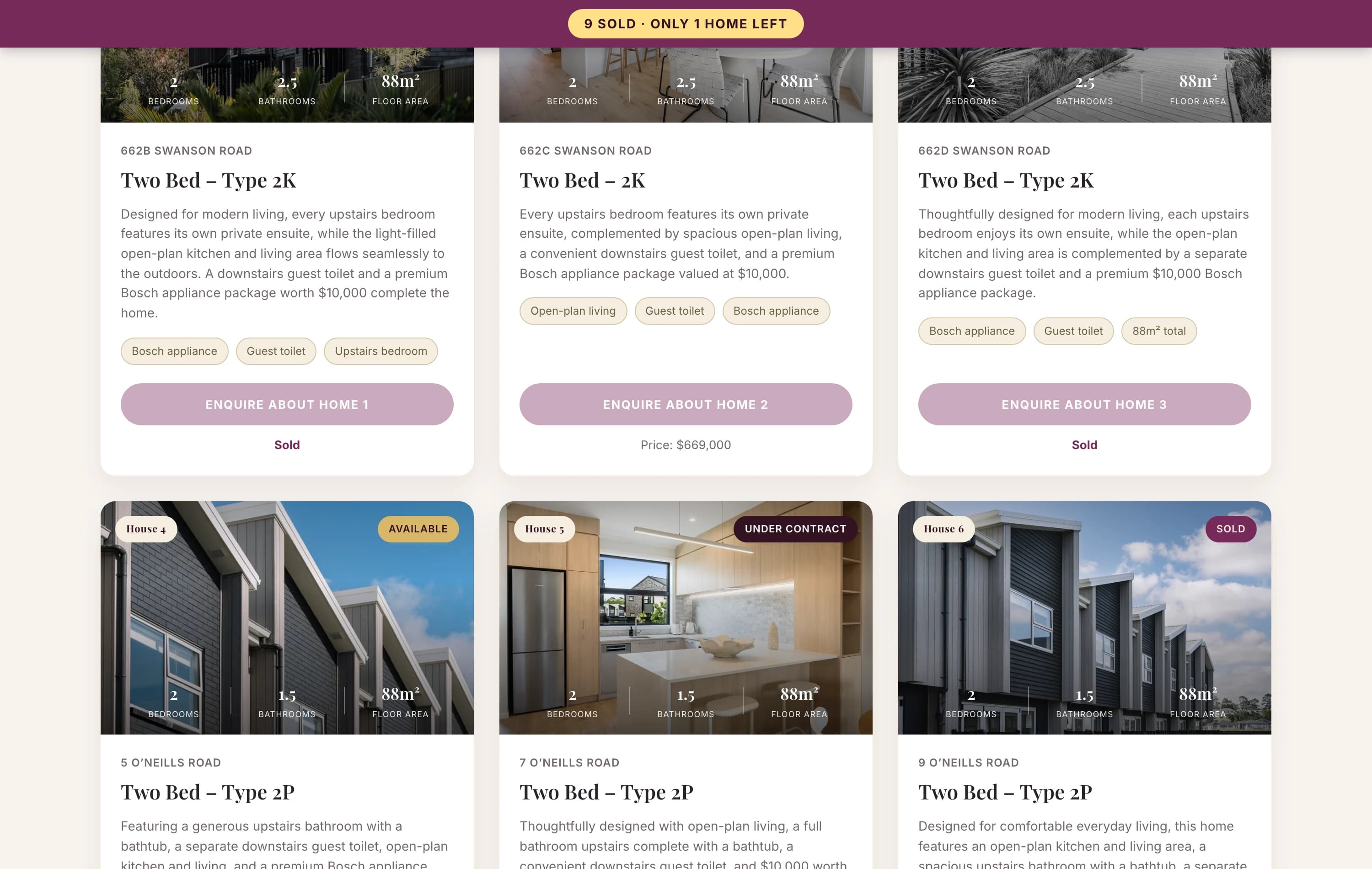 Vines Estate availability grid — ten homes with sold, under contract and available statuses and per-home enquiry buttons