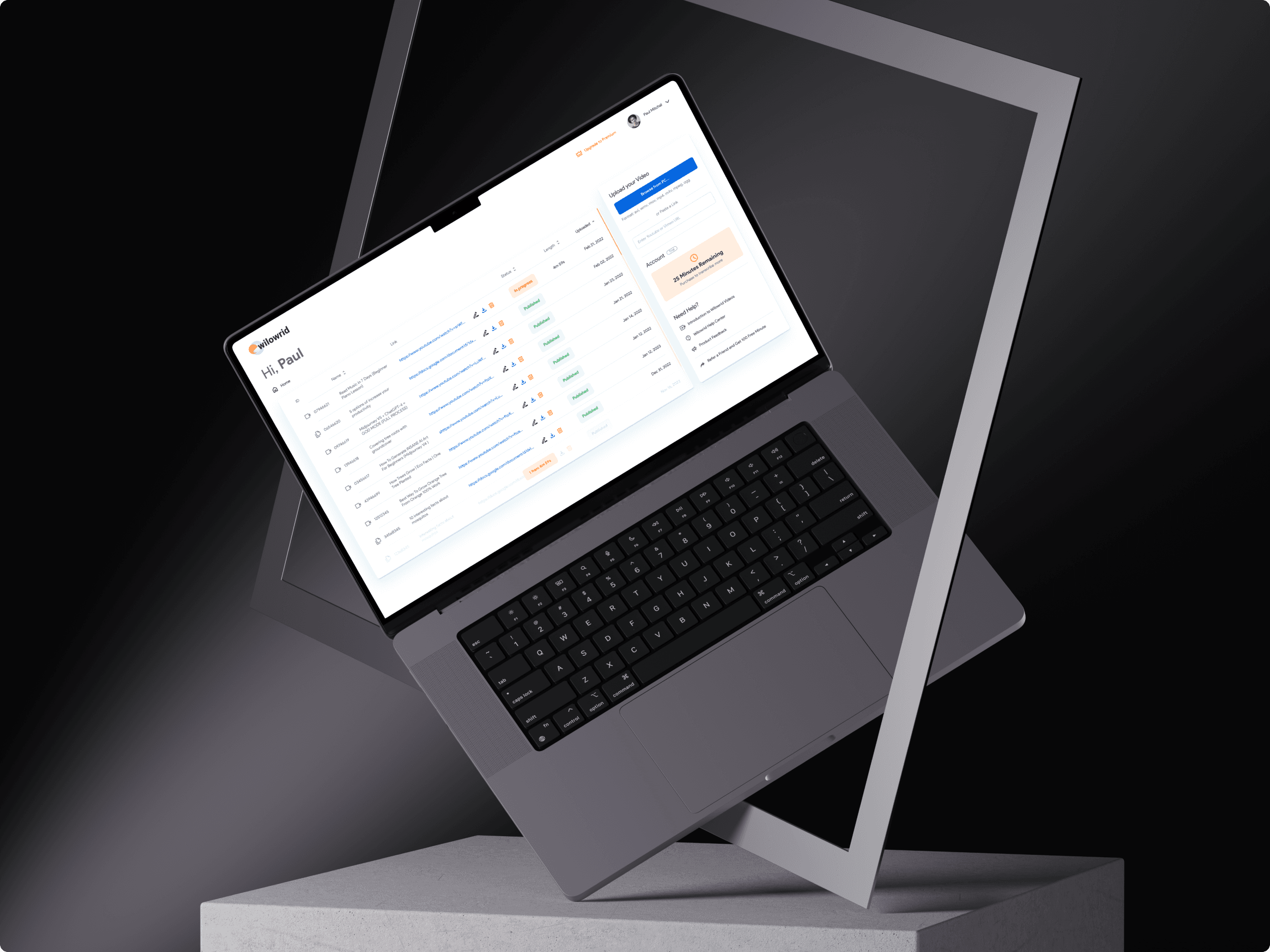 Willowrid SaaS dashboard for transcription materials and upload status