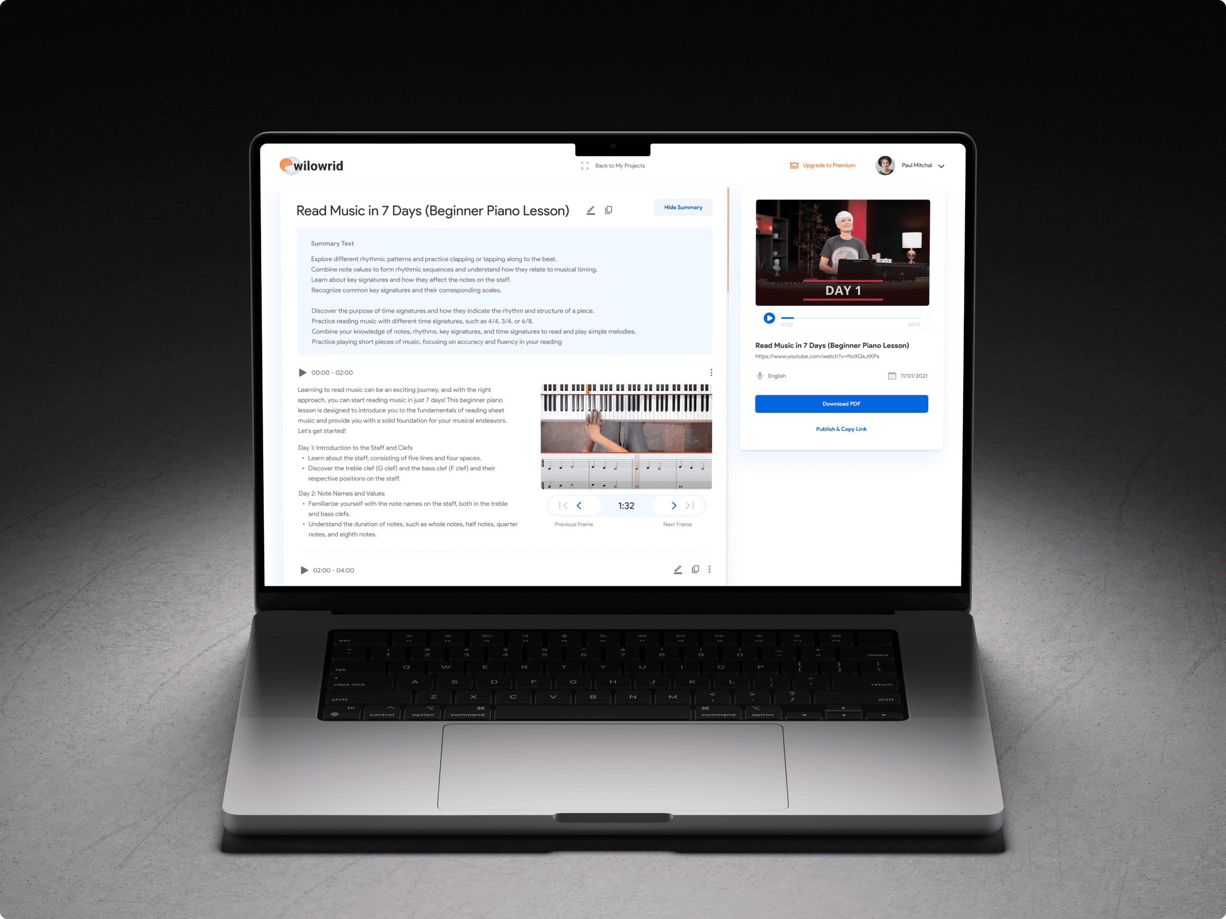 Willowrid transcription results page and summary interface