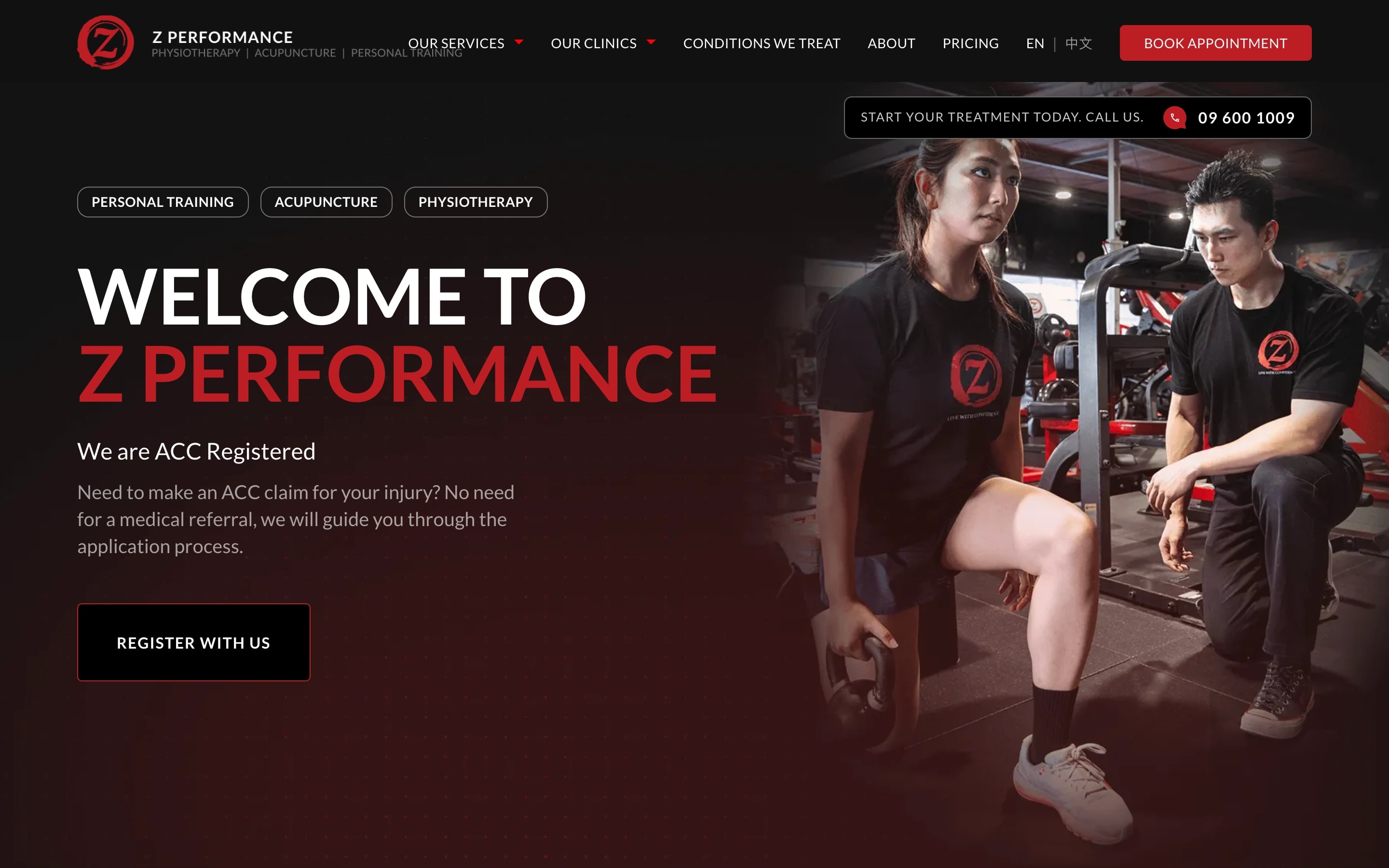 The Z Performance homepage in English at 1440px, with the EN | 中文 switch in the top navigation