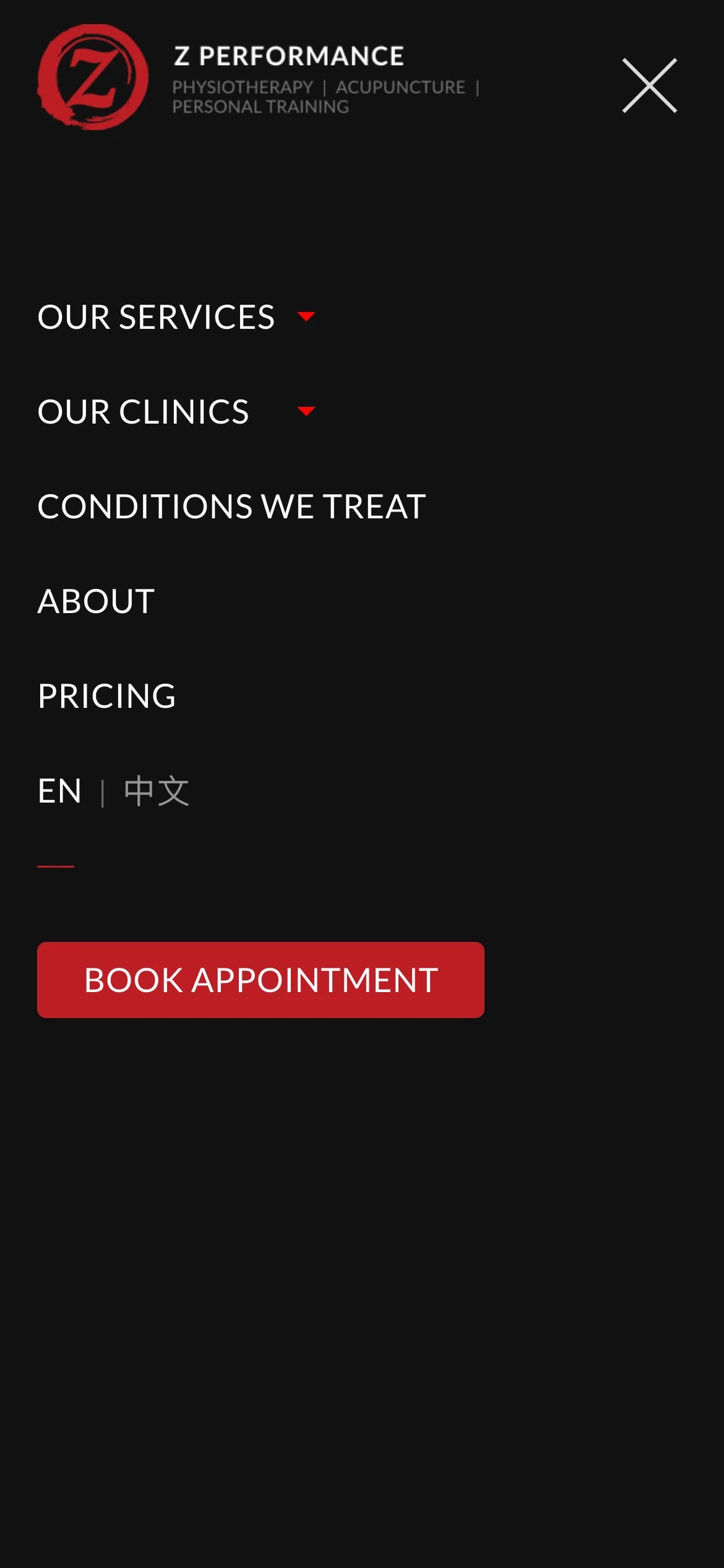 The open mobile menu in English, with the EN | 中文 switch among the menu items