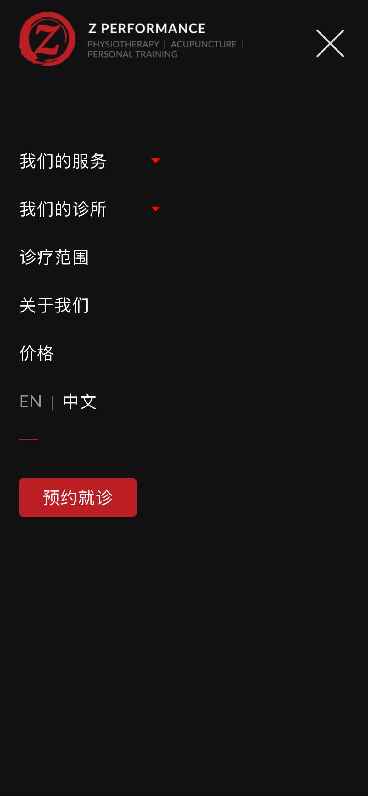 The open mobile menu in Chinese, with the EN | 中文 switch among the menu items