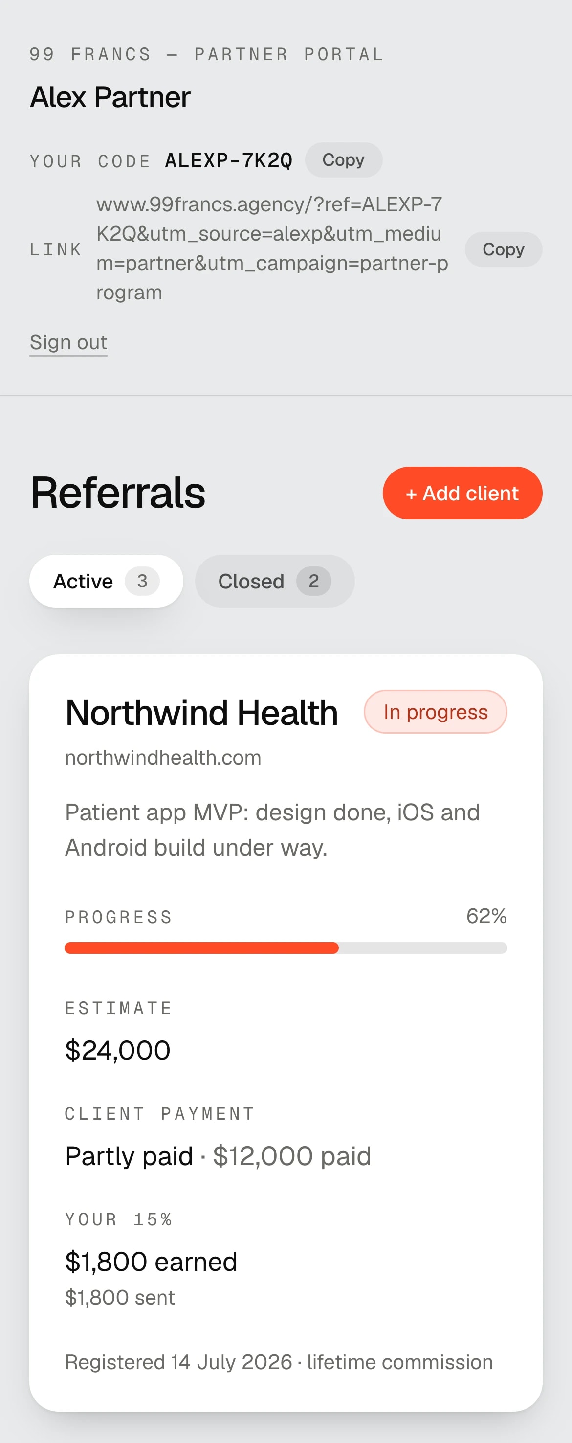 The 99 Francs partner portal on a phone, demo data: partner code and link, Active and Closed tabs, and a referral card with stage, progress, estimate, client payment and the 15% commission.