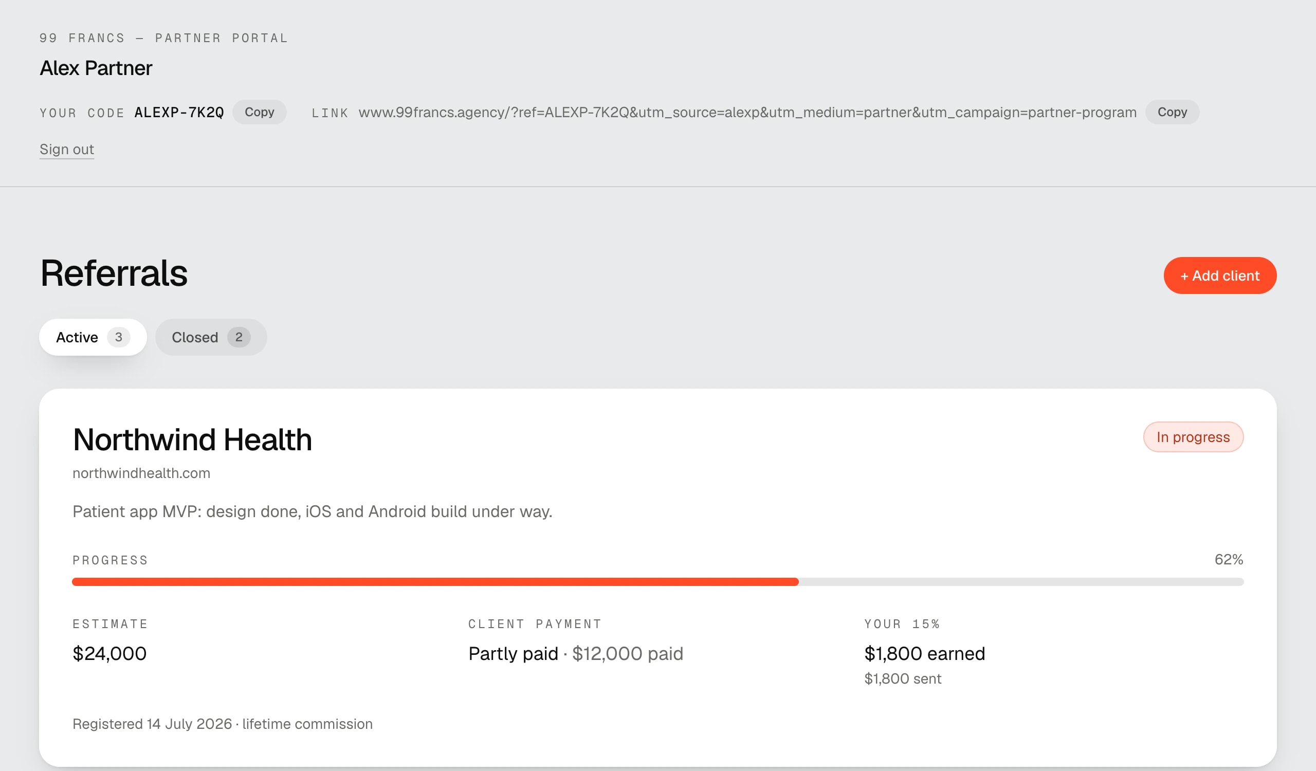 The 99 Francs partner portal on demo data: partner code and referral link, Active and Closed tabs, and a referral card showing stage, project progress, estimate, client payment and the 15% commission earned.
